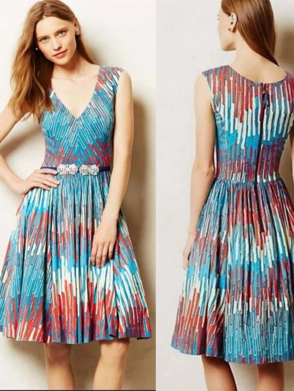 Anthropologie Plenty by Tracy Reese Teal Red White Striped V-Neck Dress, 14